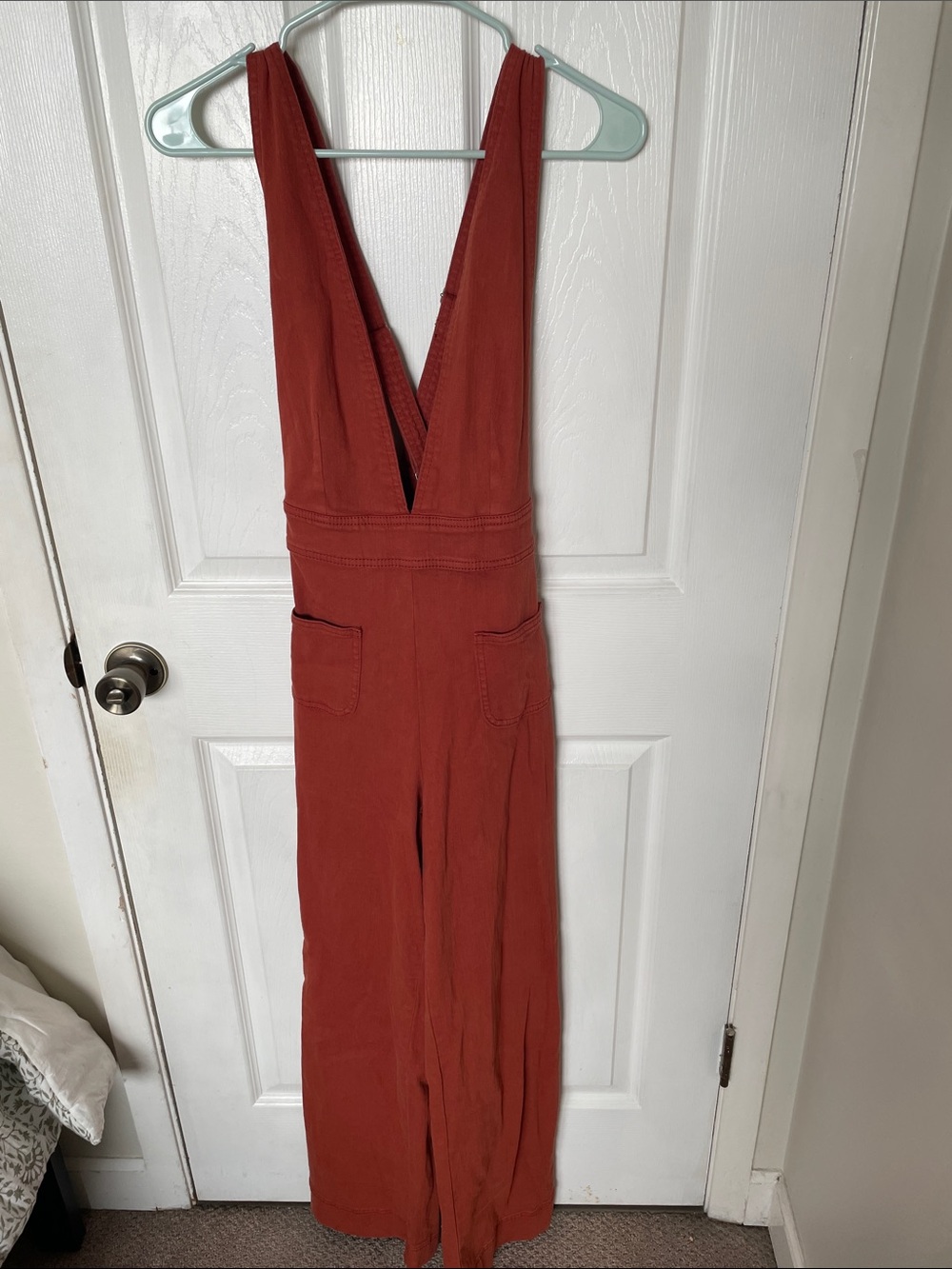 Dollhouse Deep V-Neck Rust-Red Wide Leg Jumpsuit